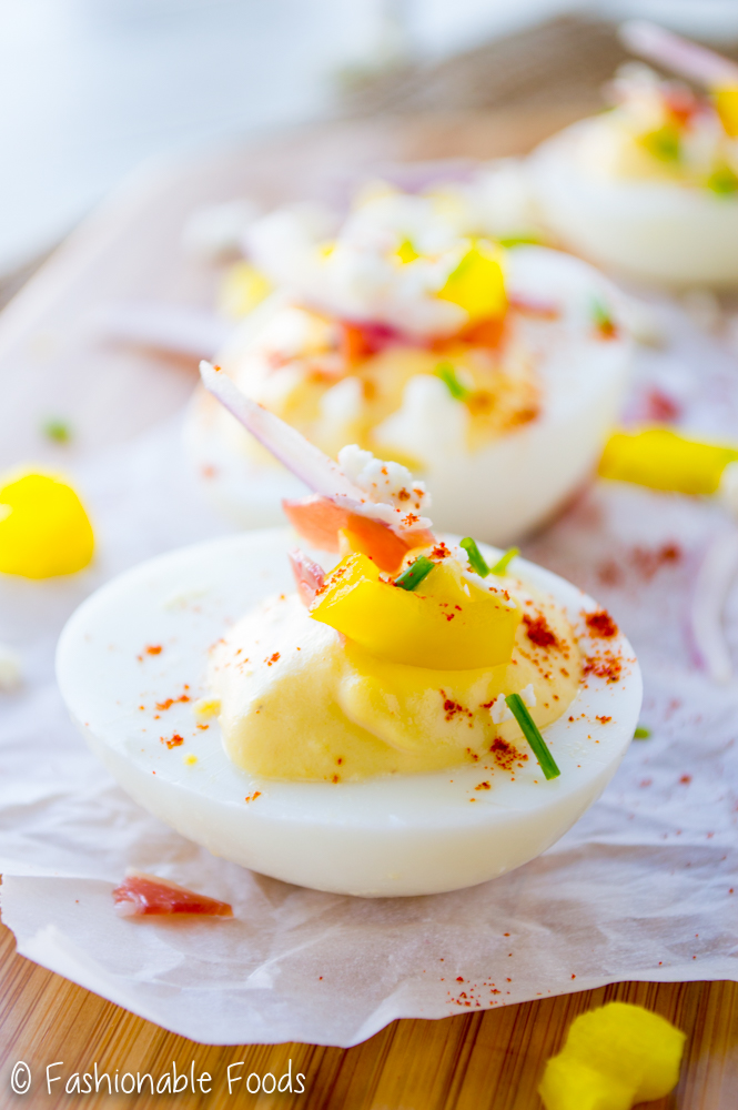 Deviled Eggs with Feta Prosciutto and Peppers