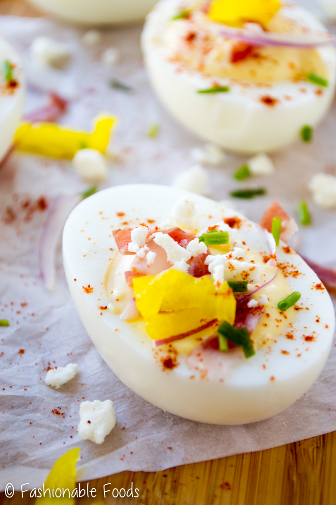 Deviled Eggs with Peppers Prosciutto and Feta
