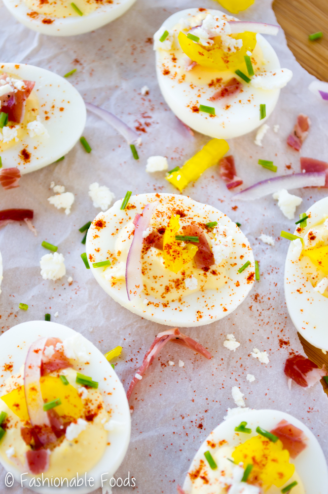 Deviled Eggs with Prosciutto Peppers and Feta
