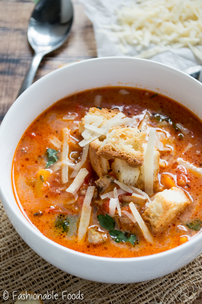 Sausage and Pepper Soup with Croutons