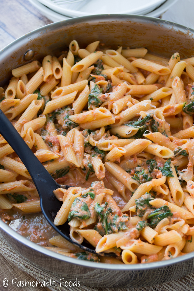 Penne with Sun Dried Tomato Cream Sauce and Spinach