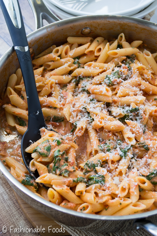 Penne with Sun-Dried Tomato Cream Sauce and Spinach