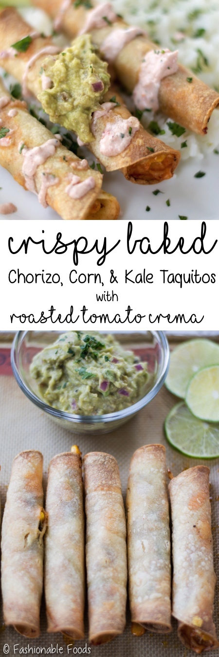 Chorizo, Corn, and Kale Taquitos with Roasted Tomato Crema Pin