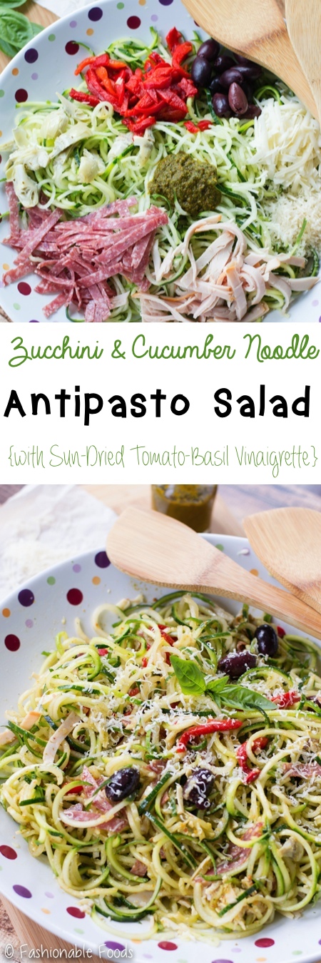 Zucchini Noodle and Cucumber Noodle Antipasto Salad Pin