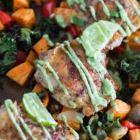 Sheet Pan Southwest Chicken Thighs and Vegetables {with Avocado Aioli}