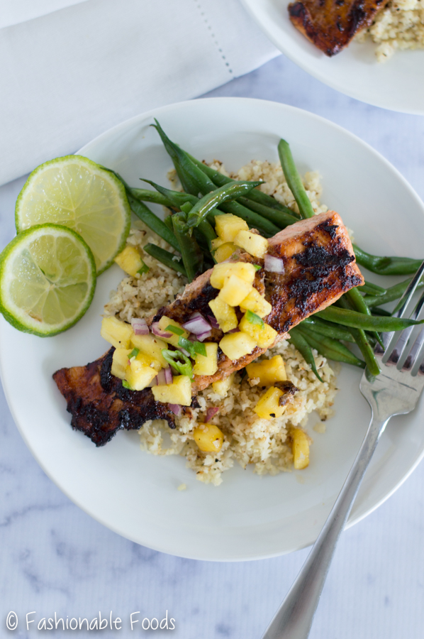 Jerk Salmon with Pineapple Salsa, Green Beans, and Cauliflower Rice