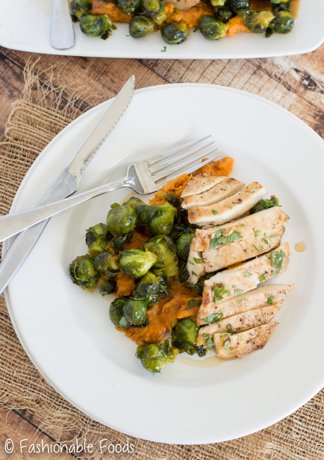 Maple Chicken and Brussels Sprouts {with Roasted Sweet Potato Mash}