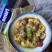 Tortellini and Meatball Soup with Walnut Arugula Pesto