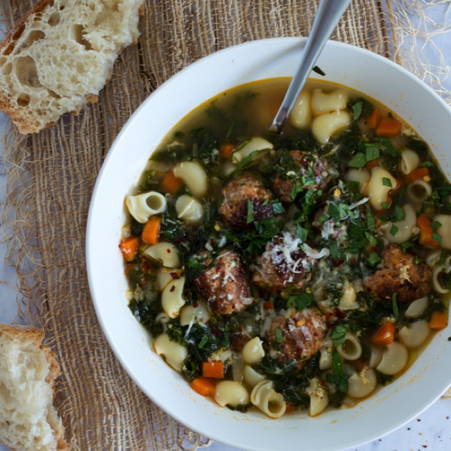 Kale Noodle Soup with Sausage Meatballs - Fashionable Foods